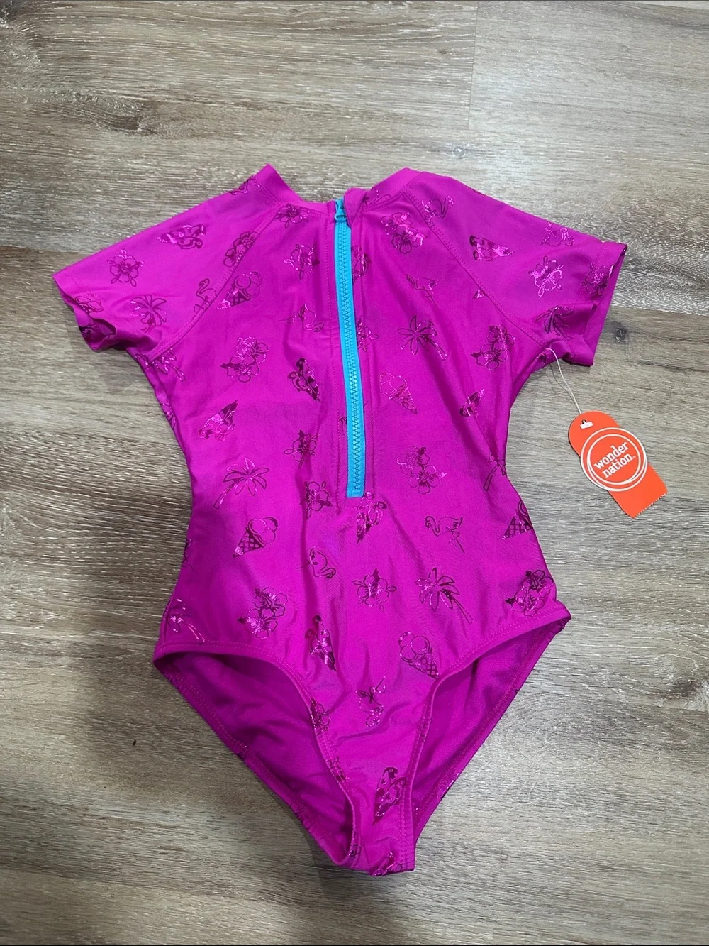 Pink Girls' Short Sleeve One-Piece Swimsuit with Blue Zip
